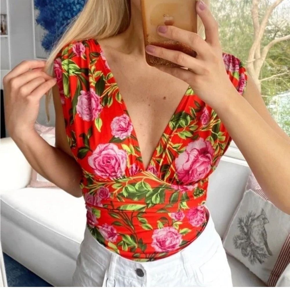 NWT Zara Tropical Floral Bodysuit Plunge Neckline High Cut S Sexy Resortwear